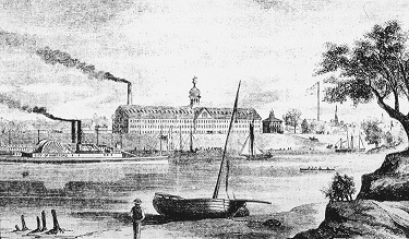 Historic 1857 illustration of Colt Armory factory on the Connecticut River in Hartford, showcasing Connecticut's industrial heritage and architectural history