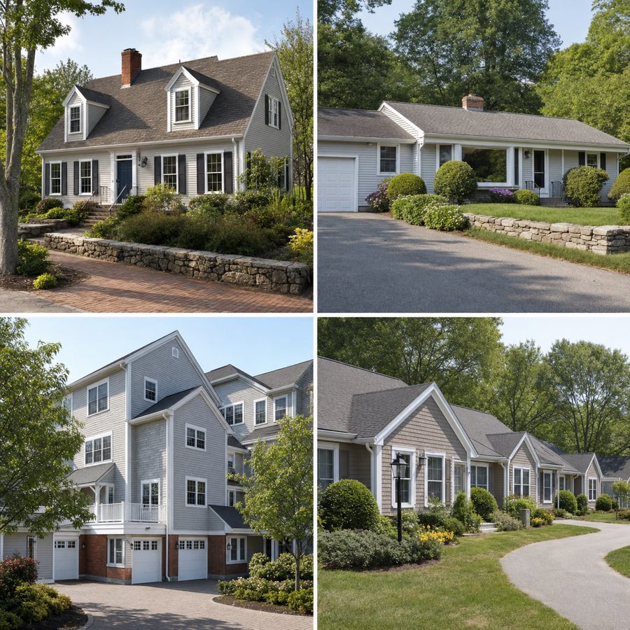 Four New England housing alternatives including a cape, ranch, townhouse, and active adult cottage community